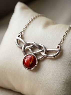 925 Sterling Silver Red Jasper Necklace Celtic Knot Pendant 16” Artisan Stone